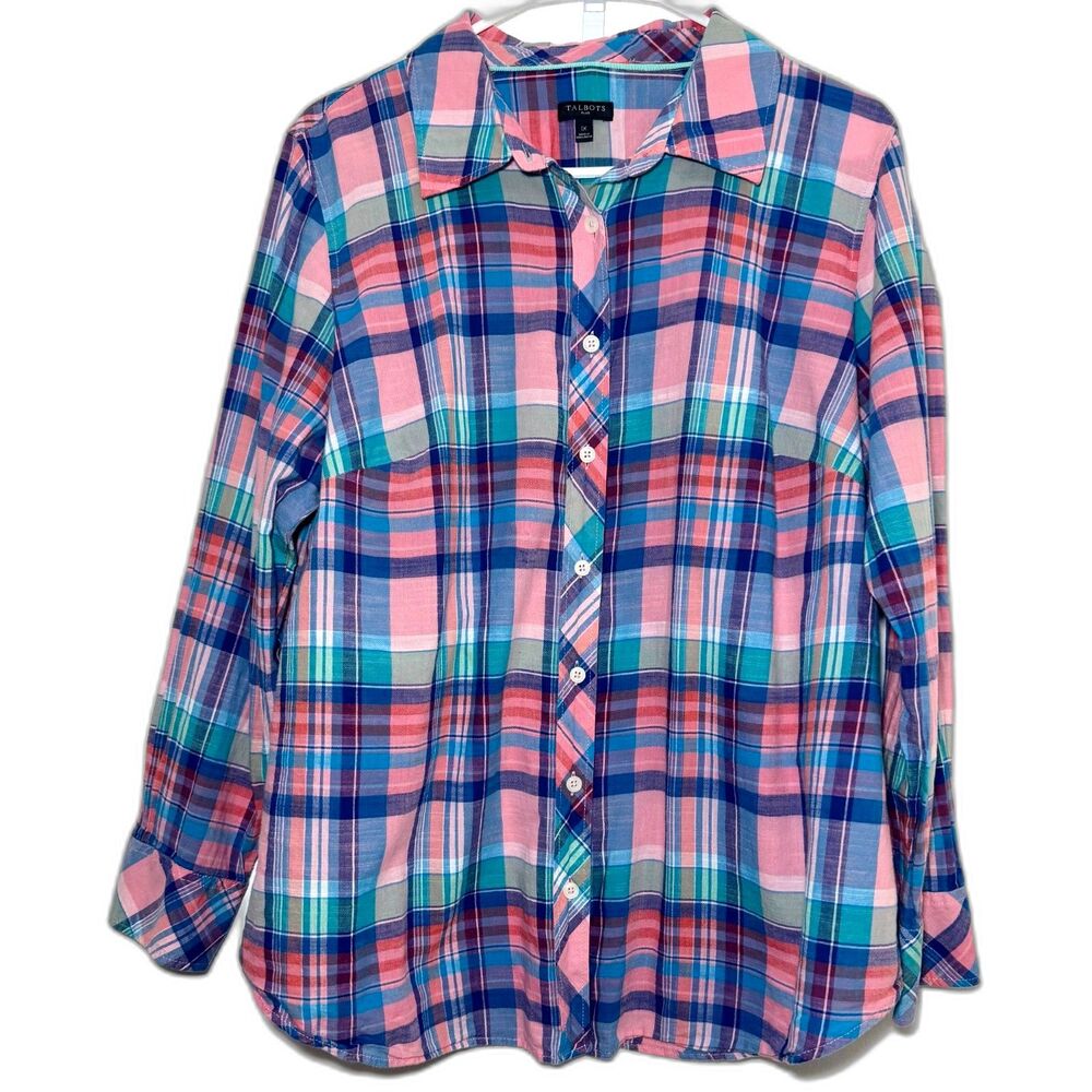 Talbots Plus 1X 100% Cotton Plaid Button Front Shirt Pink Blue Long Sleeve